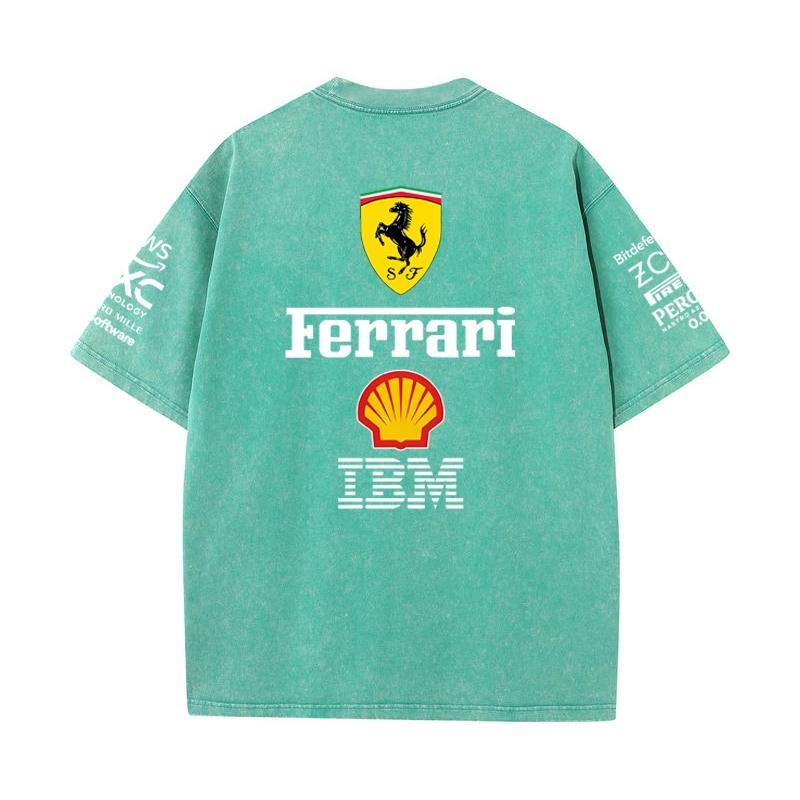 Vintage Washed Black Ferrari F1 Racing T Shirt Oversized Short Sleeve Tee Retro Motorsport Sponsor Logo Print Casual Streetwear Loose Top