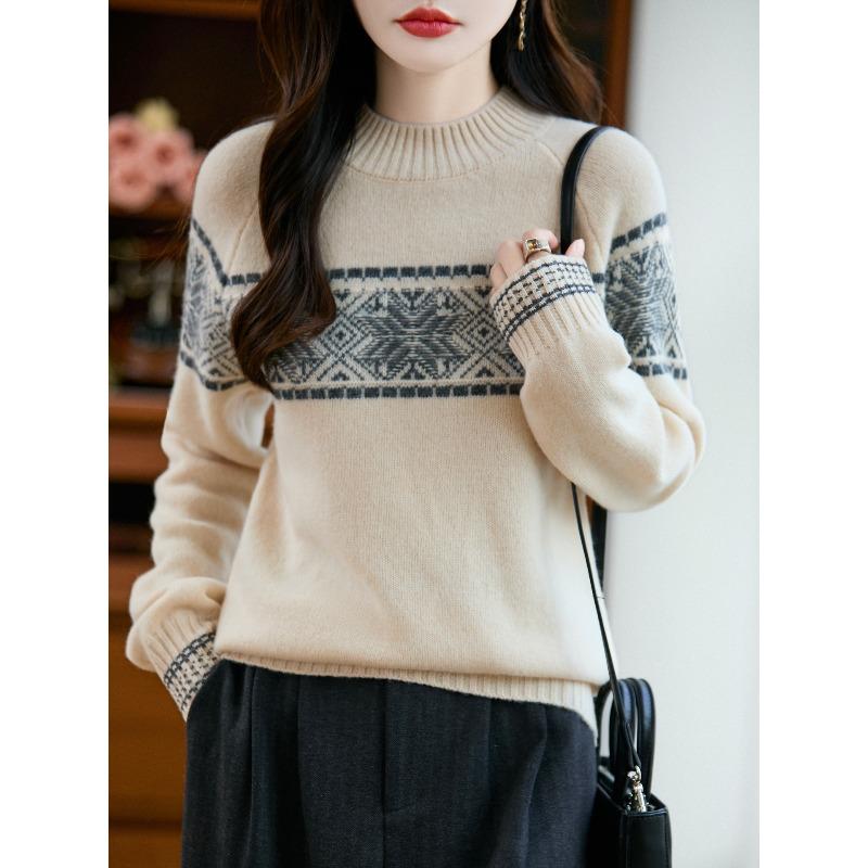 Thickened Half High-neck Knitted Sweater - Retro Jacquard - Fall/Winter Business Casual Pullover Sweater for Women Fabric: Wool