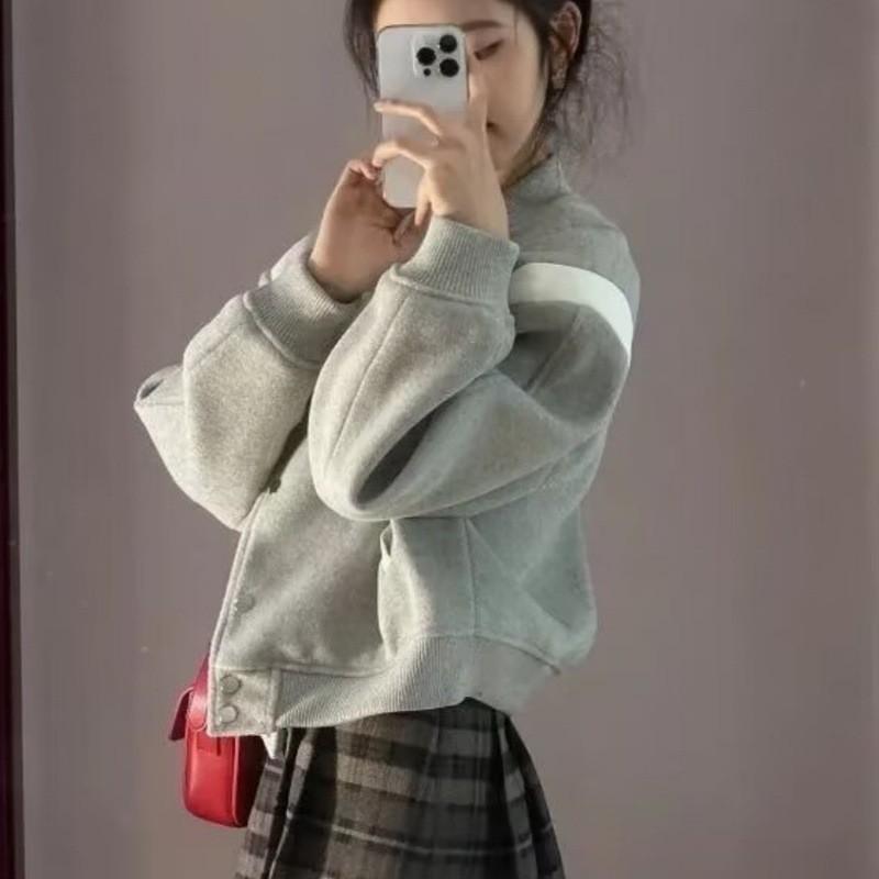 Womens Oversized Baseball Jacket Winter French Chic Cropped Fleece Lined Coat With Colorblock Design