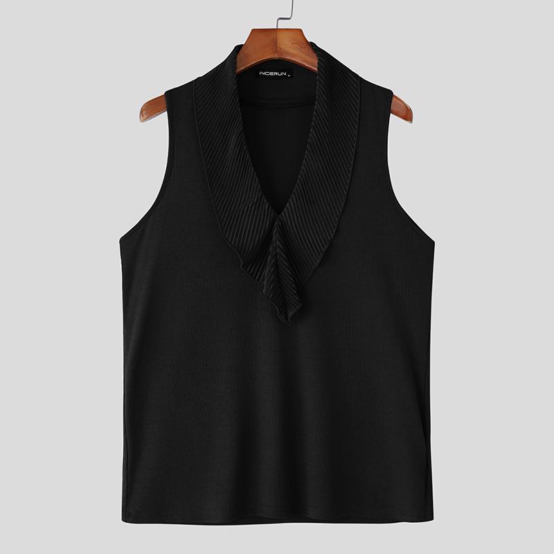 

INCERUN Men V Neck Sleeveless Ruffled Casual Texture Tank Tops 3XL чёрный