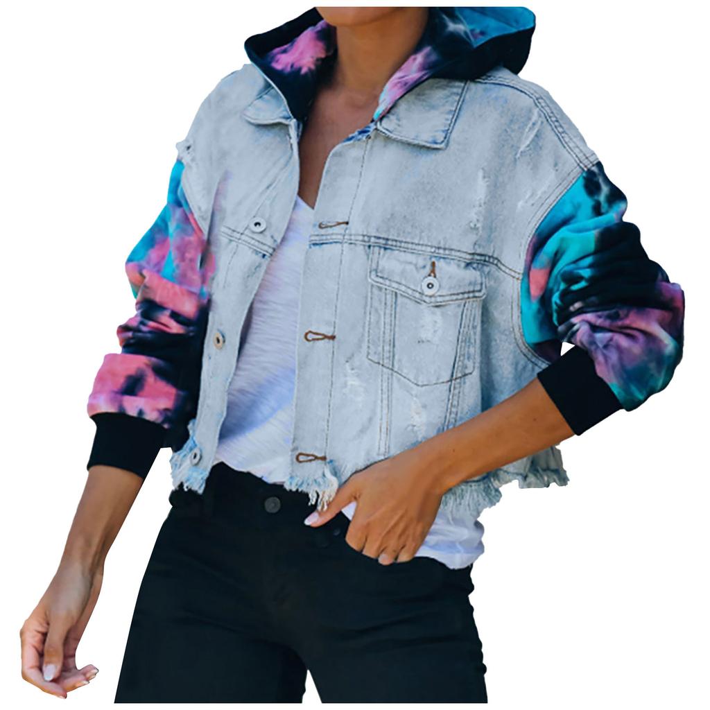 Women's Color Blocking Tie Dyed Denim Hole Tassel Long Sleeved Denim Jacket