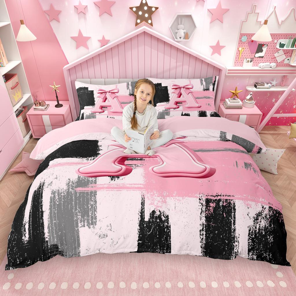 Homewish Girls Bow Monogrammed Duvet Cover Set 2Pcs/3Pcs Black Pink Ombre Bedding Set Personalized Letter A To T Quilt Cover