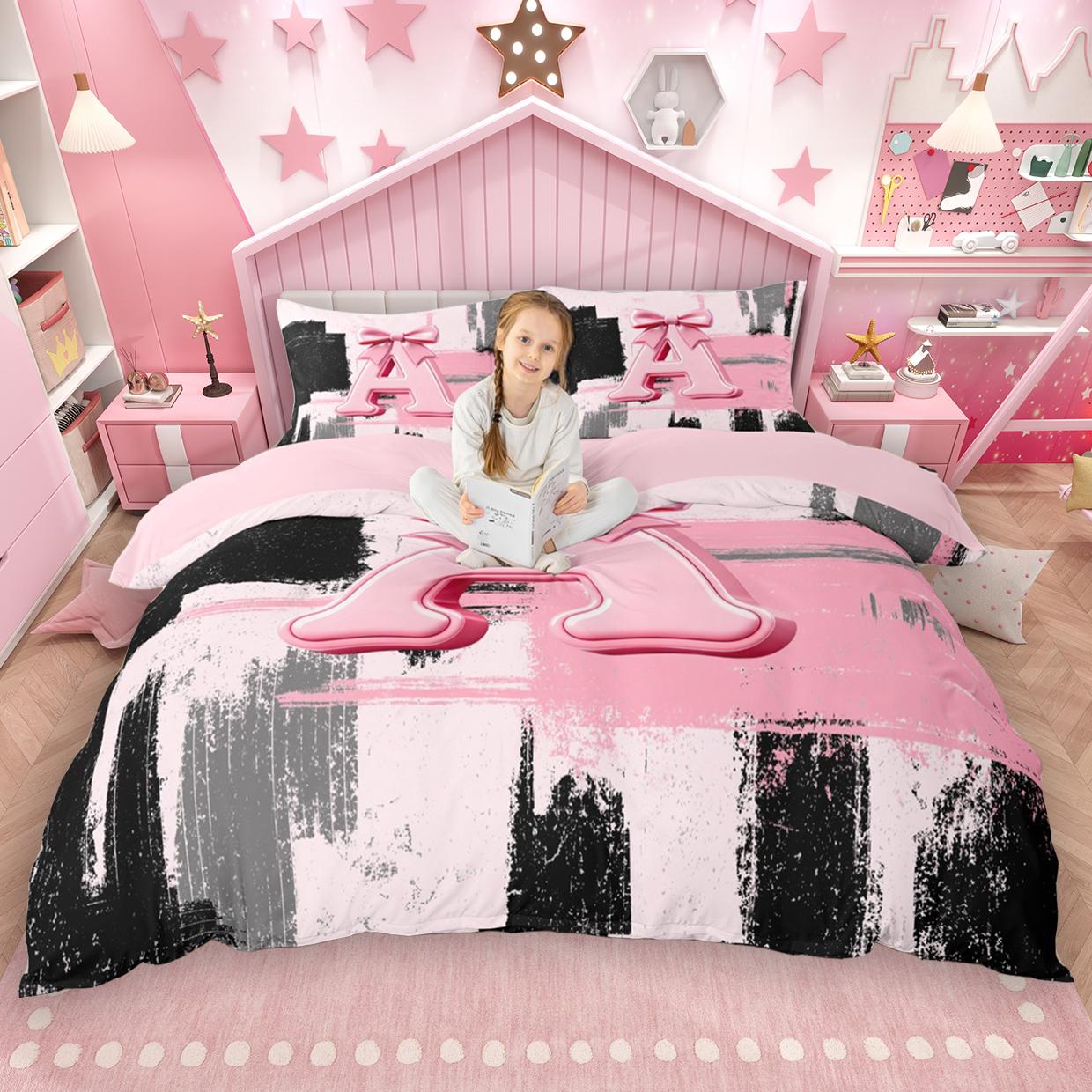 

Comforter Homewish Girls Bow Monogrammed 2Pcs/3Pcs Black Pink Ombre Bedding Set Personalized Letter A To T Comforter (quilt)-EU Single(135*200cm)3pcs