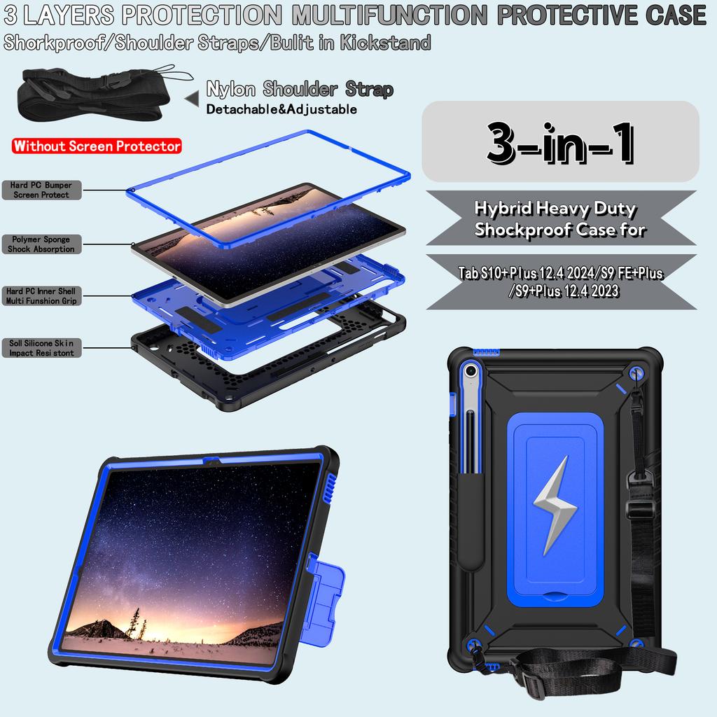 Kickstand Armor Case for Samsung Galaxy Tab S10 FE Plus 2025 13.1 Inch SM-X620 SM-X626B Heavy Duty  Cover With Shoulder Strap