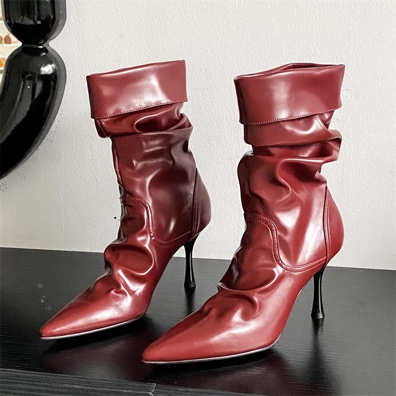 Fashion Eilyken Autumn Winter Pleated Women Ankle Boots Sexy Thin High Heels Pointed Toe Shoes Modern Short Botas Para Mujer