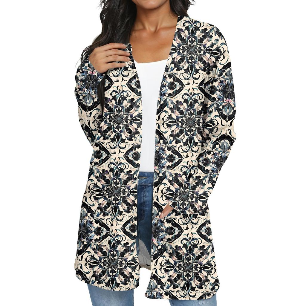 Chaqueta tipo cárdigan de longitud media con estampado floral retro informal para mujer