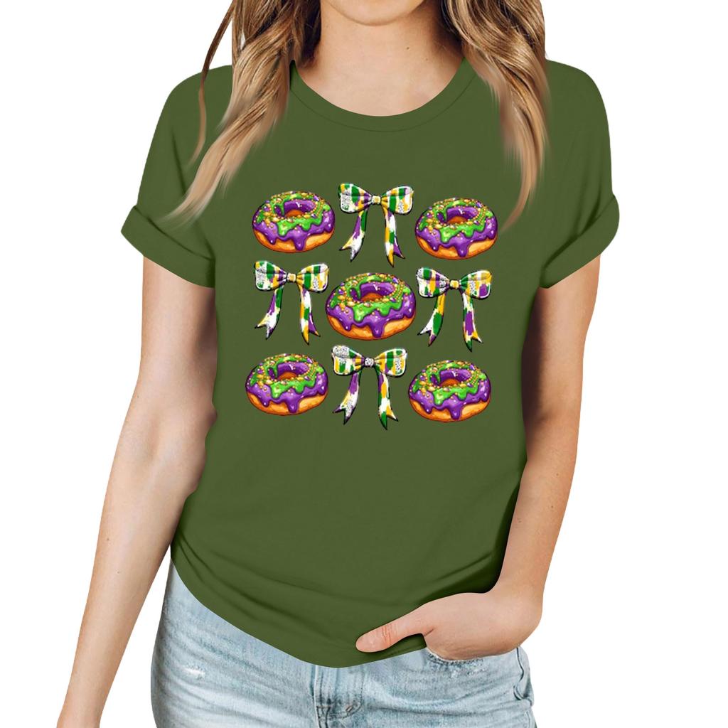 Women's Casual Carnival Print T-Shirt Round Neck Pullover Short Sleeve Top