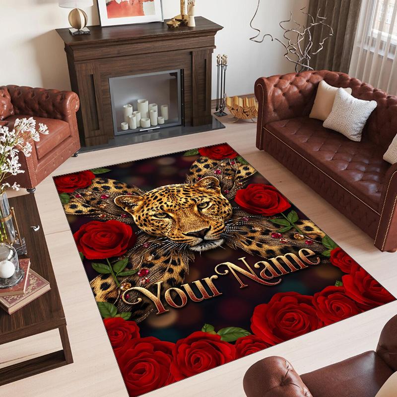 Leopard Theme Crystal Velvet Floor Rug Personalized Custom Name Text Warm Carpet Home Decoration