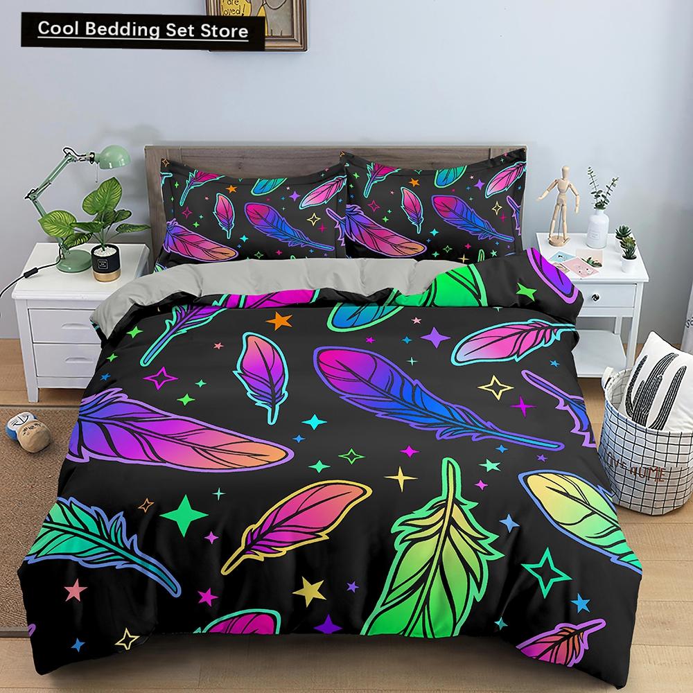 Feathers Duvet Cover Queen/King Size Boho Colorful Bird Feather Bedding Set Tropical Leaves 2/3pcs Polyester Comforter Cover