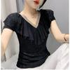 Summer Short Sleeved V Neck Women's T Shirt Elegant Slim Hot Drilling Ruffles Mesh Tees