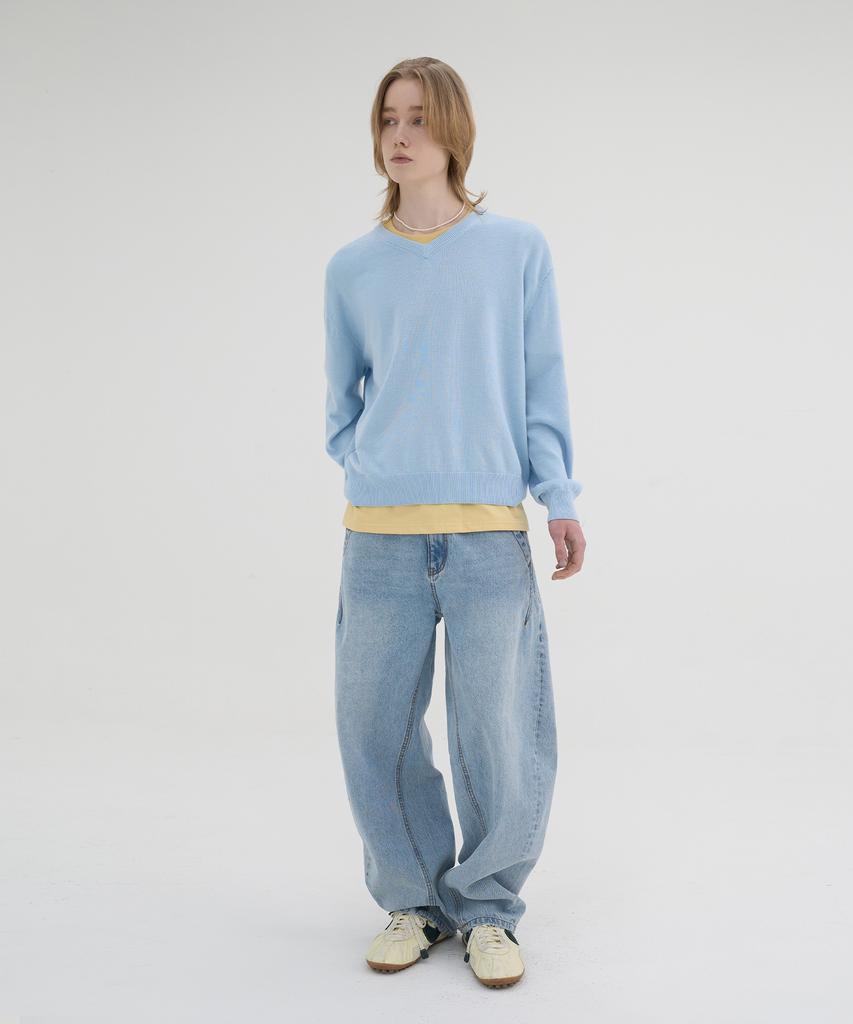 KNOUUN Crop V Neck Knit (Sky Blue)