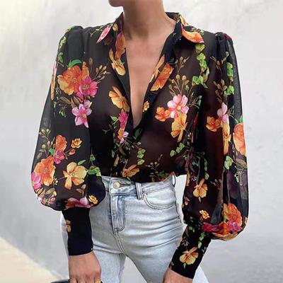 Damen-Herbst-Umlegekragen, Laternenärmel, Chiffon-Druck, durchsichtige einreihige Blusen-Tops
