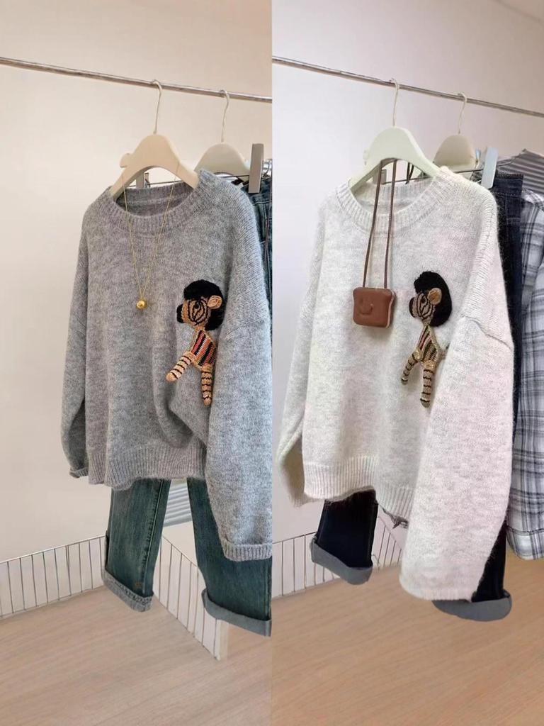2025 Women's Retro Cartoon Pony Knit Sweater - Autumn/Winter, Round Neck, Loose Fit