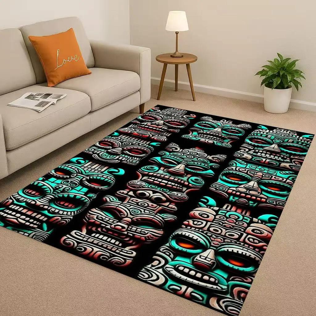 Retro Aztec Totem Maya Mask Sun God Living Room Non-Slip Area Rug Soft Carpet For Bedroom Sofa , Easy Clean Home Doormat Playmat
