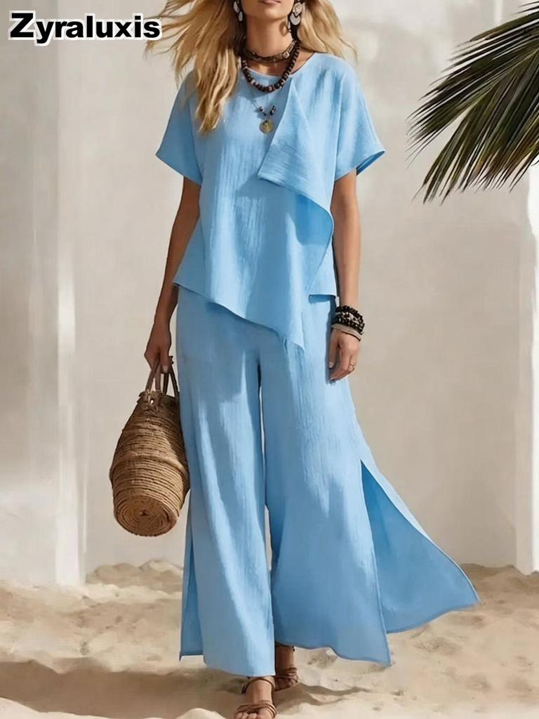 Women's Summer New Fashion Casual Irregular Short Sleeve Top with Wide Leg Pants