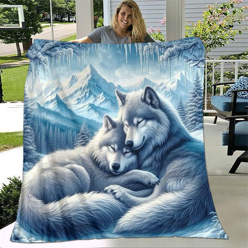1pc Wolf Printing Lightweight Flannel Blanket, Comfortable and Warm Blanket, for Camping Sofa Bed and Couch Office, in All Seasons