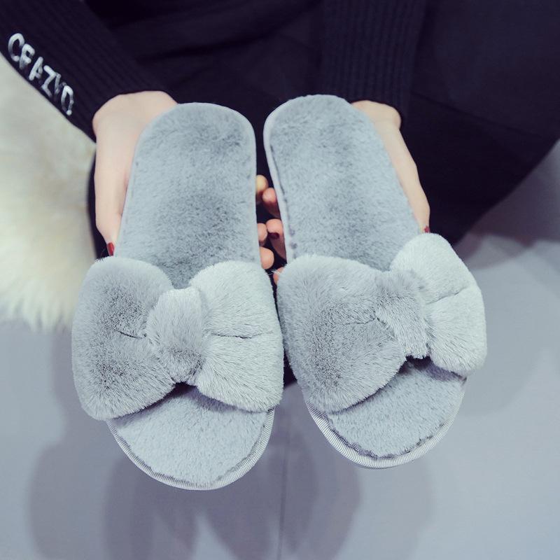 

New Year s Red Bow Hairy Slippers for Women s Home Furnishings, Flat Flat Comfortable Floor, Soft Bottom 36-37 сірий