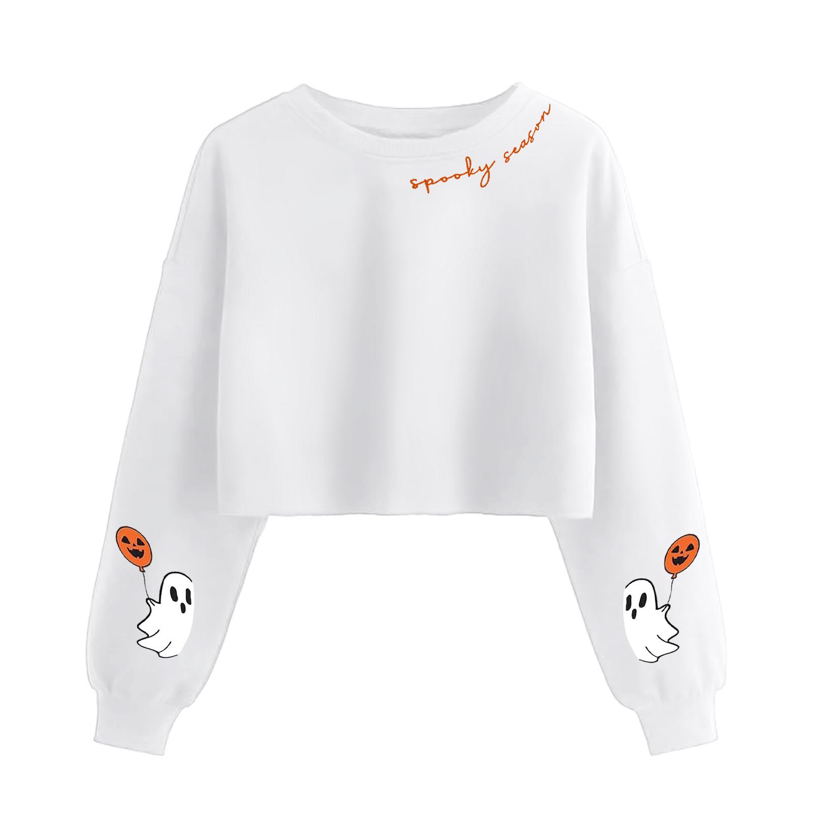 

Женский модный пуловер с длинными рукавами и жутким принтом на Хэллоуин, открывающий живот M белый