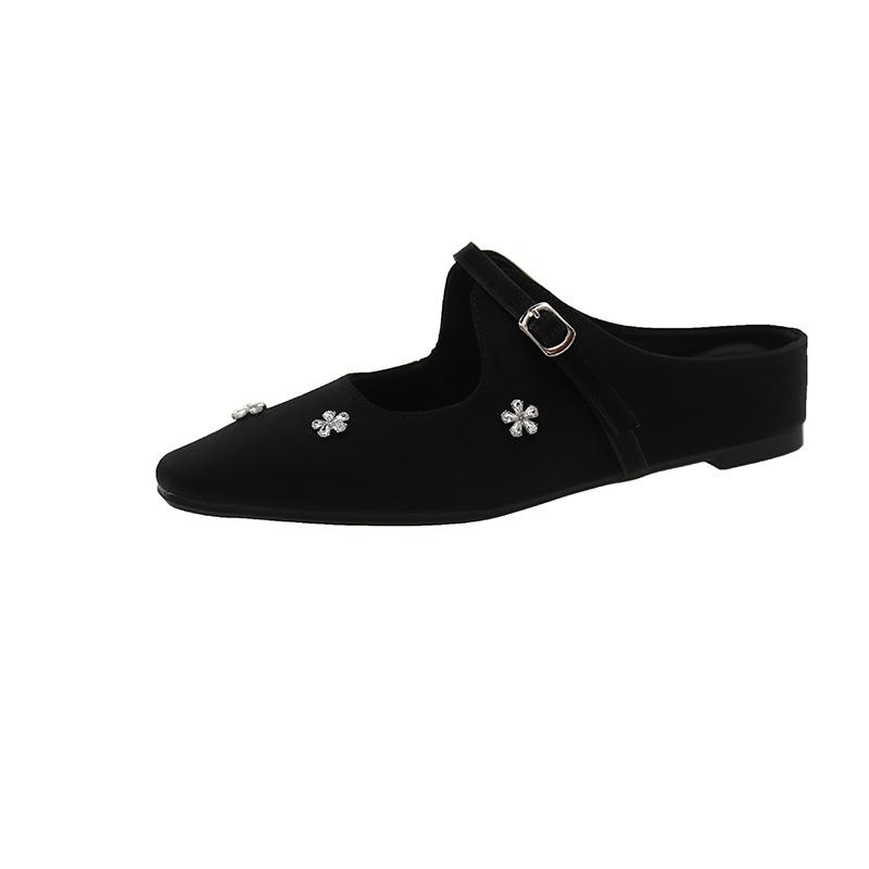 

Spring 2025 new fashionable rhinestone flower bag head half drag inner height increase flat bottom square head solid color cool slippers 35