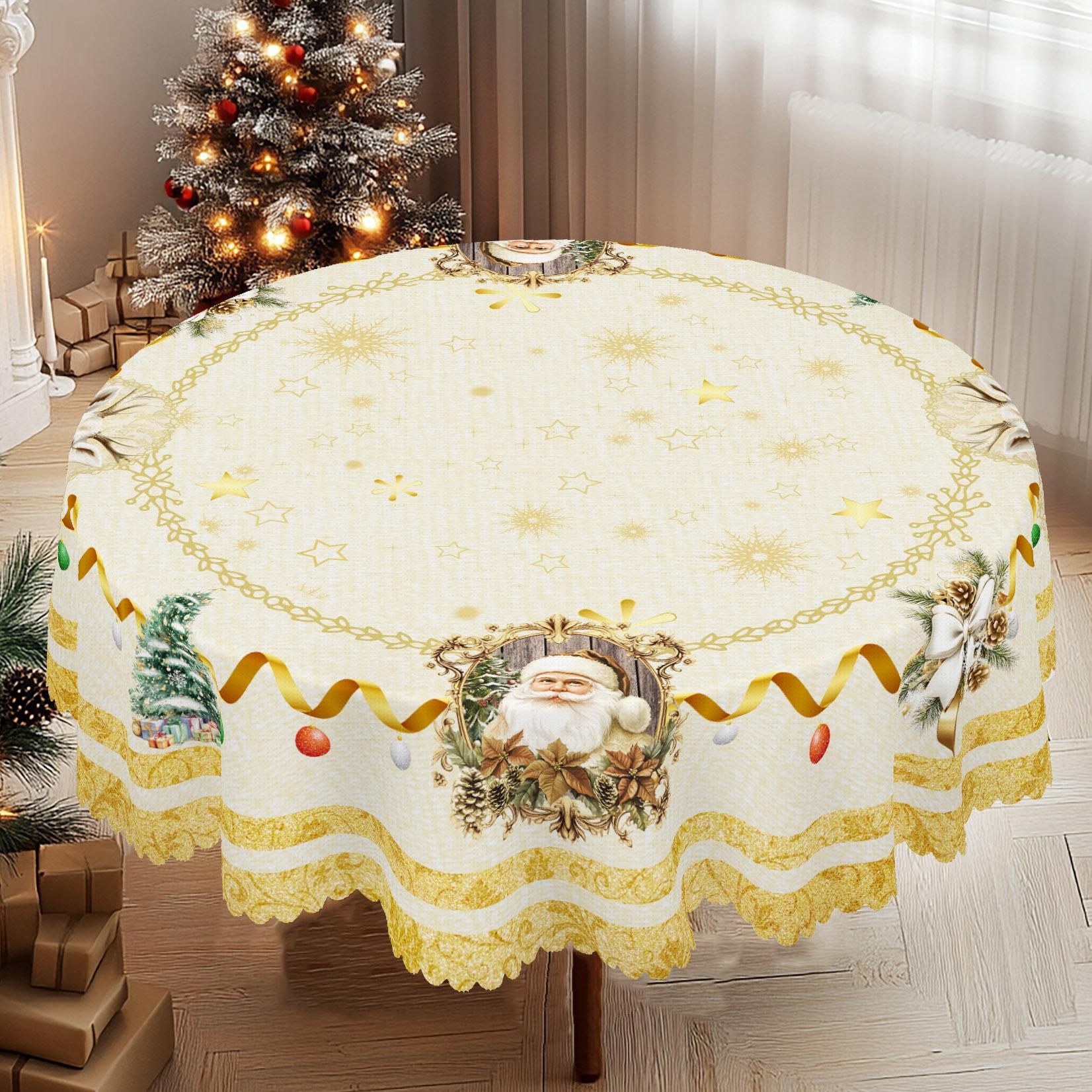 

1 Piece Of Christmas Round And Rectangular Tablecloth, Various Sizes, Vintage Santa Claus And Snowman Gift Box Gold Ribbon Print Pattern Tablecloth, S Round(152)Cm