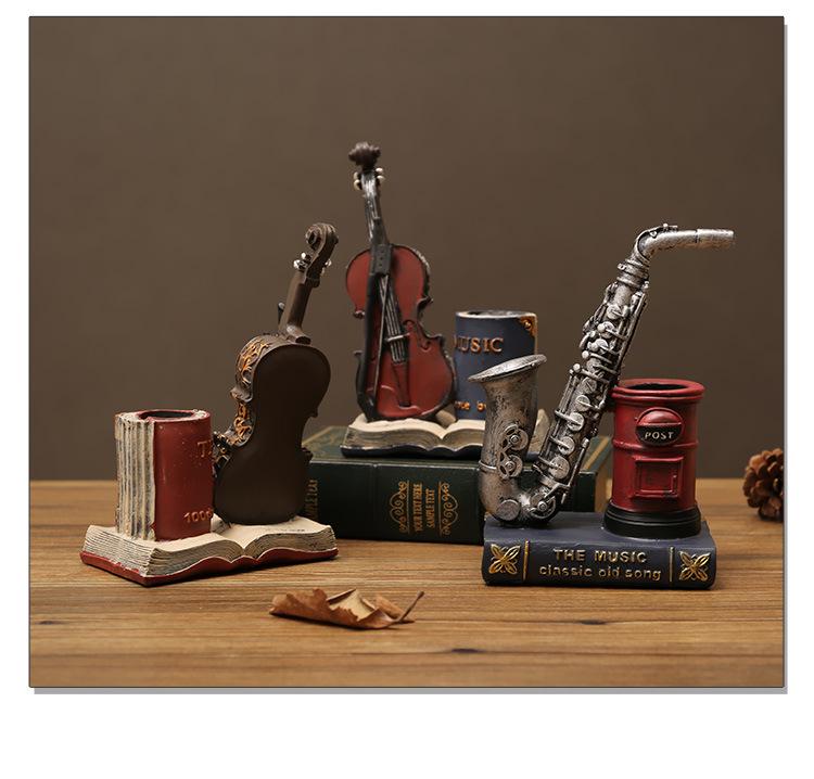 American-Style Saxophone & Violin Resin Pen Holder Desk Ornament for Office and Home Decor