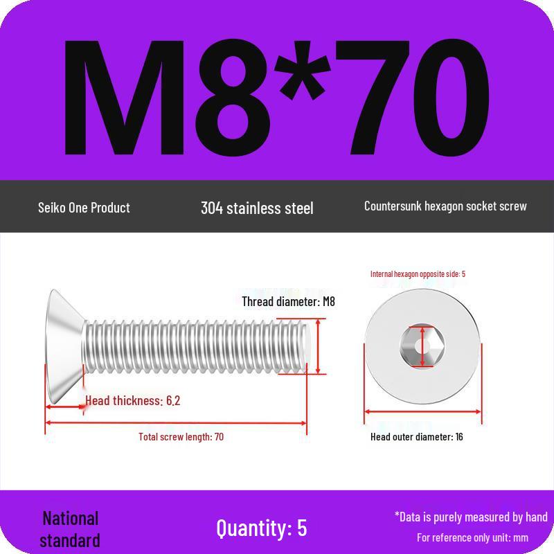 M2-M10 Stainless Steel Flat Head Machine Screws and Bolts Set, Countersunk Hex Socket Cap, 304 Grade.