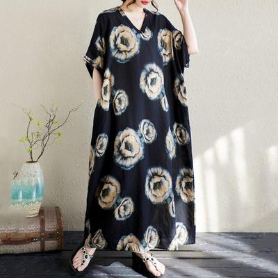 Kurzarm Plus Size Baumwolle Vintage Blumenmuster Neu in Kleidern für Damen lässig locker Maxi langes Sommerkleid