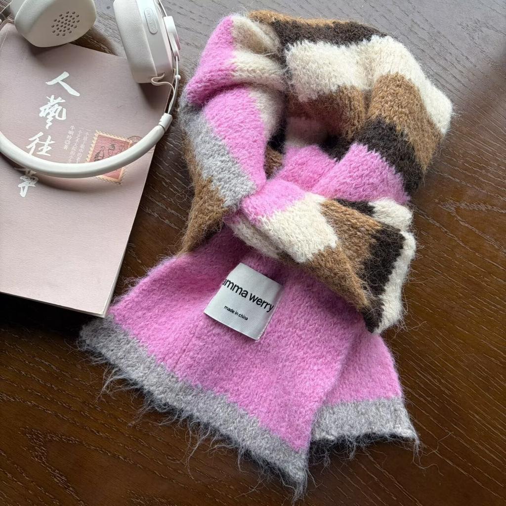 Mohair striped scarf women's autumn and winter thickened warm imitation cashmere shawl contrasting color versatile couple scarf men