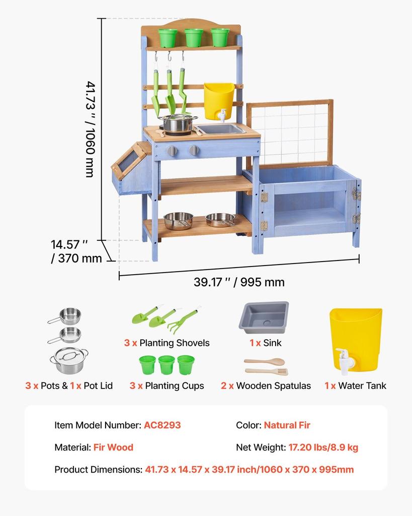 Mud Kitchen, Outdoor Mud Kitchen for Kids, Wood Outdoor Play Kitchens with Planting Box, Critter Catcher Container, Tank, Sink, Cookware Pots and
