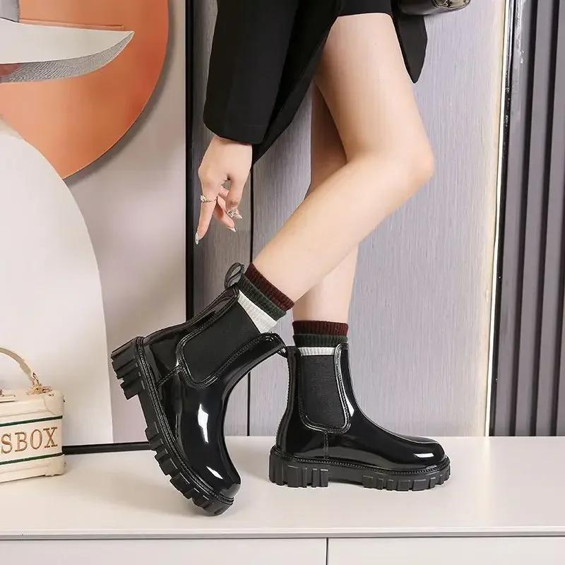 Moda 2024 Damskie Buty Botki Damskie Klasyczne Nowoczesne Botki Damskie Okrągły Nosek Wsuwane Platforma Kwadratowy Obcas Buty Damskie