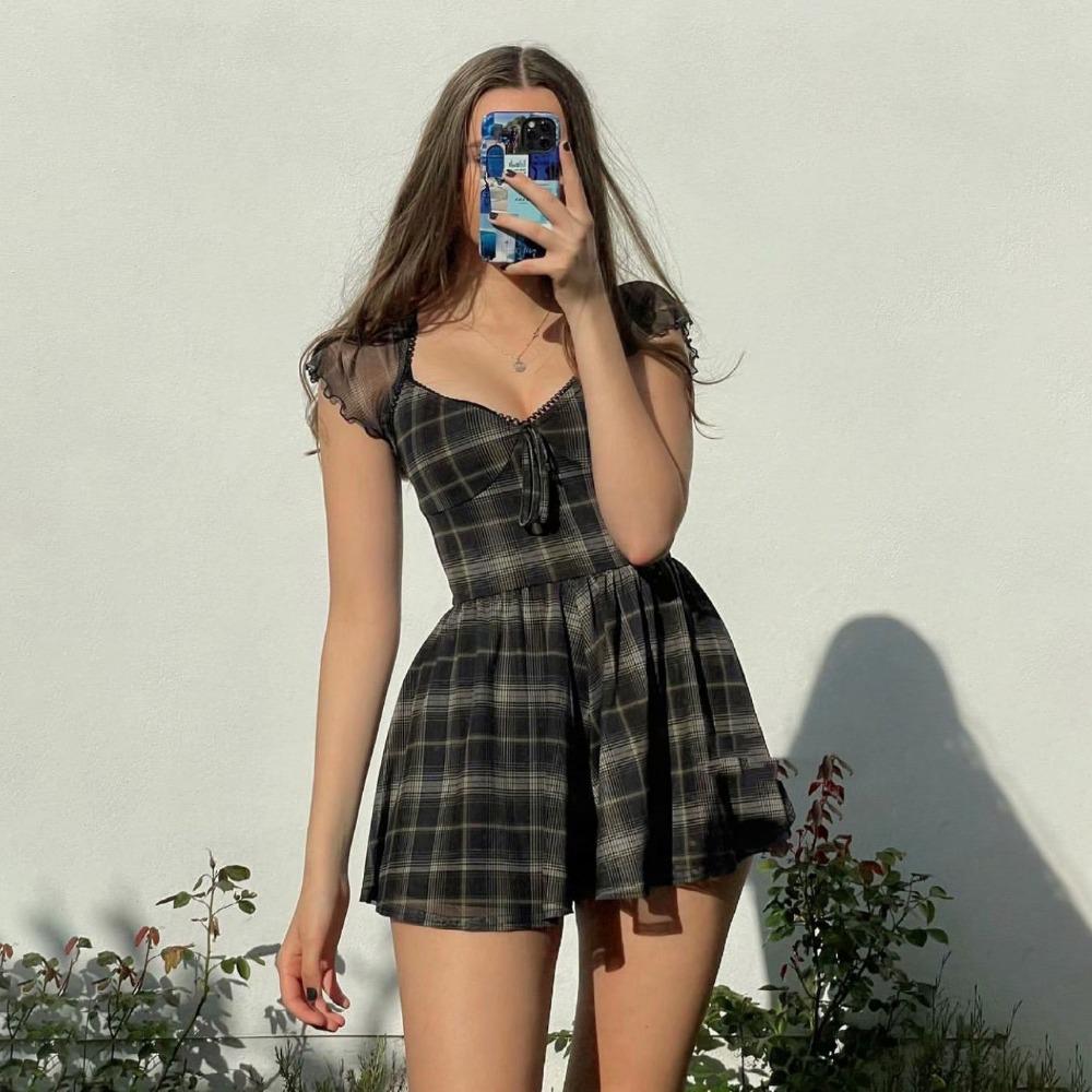 European & American Summer Women's Mesh Plaid Square Neck High Waist Slimming Jumpsuit & Skirt