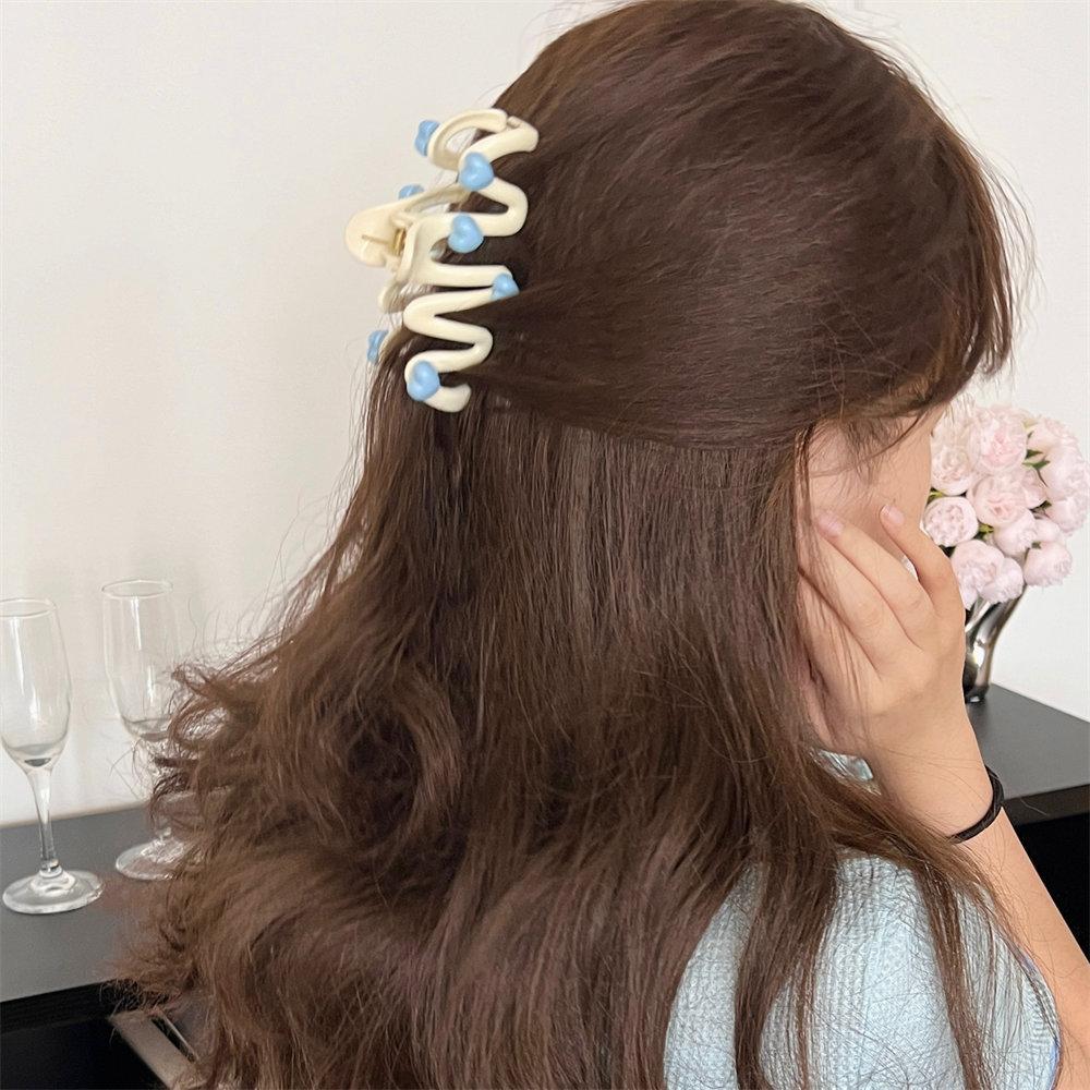 Blue Heart Wave Shaped Hair Claw Cream Color Clips for Women Sweet Cute Irregular Shark Clip Large Ponytail Clip Hairpins 11CM