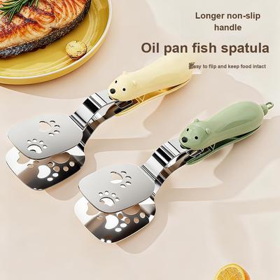 Small Bear Fried Fish Turner 2-in-1 Stainless Steel Food Clip Long Handle Anti-Slip Oil Draining Spatula Heat Resistant Clip