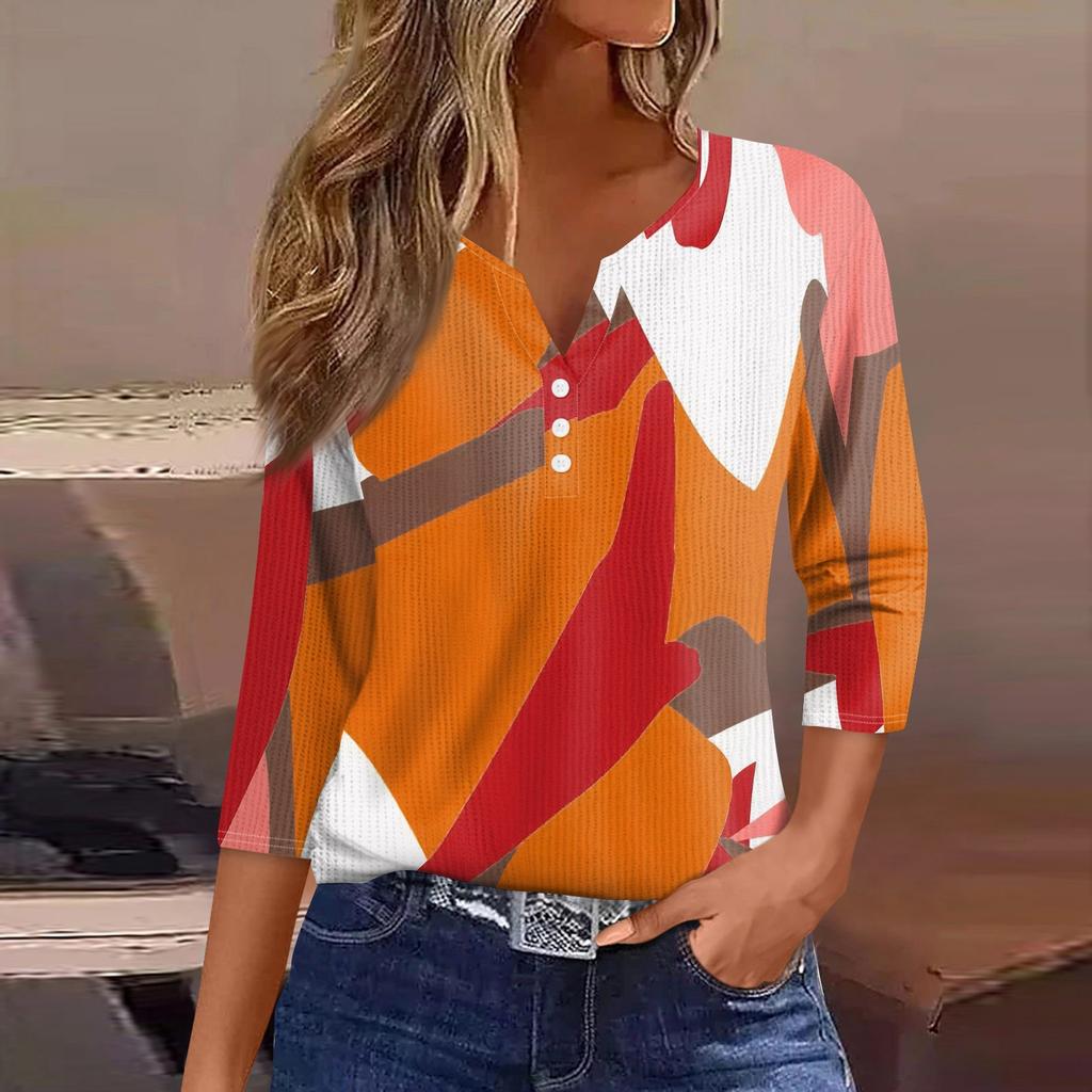 Women's T Shirt Tee Print Button 3/4 Sleeve Knit Sweater Daily Weekend Fashion Basic V- Neck Regular Top