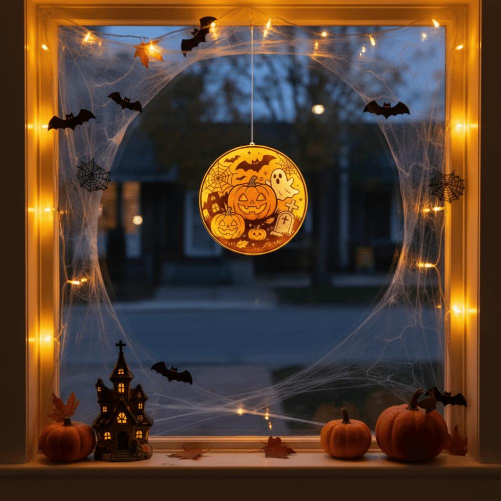 Warm Yellow Glow Pumpkin Hanging Lamp Ghost Silhouette Light Holiday House Decoration