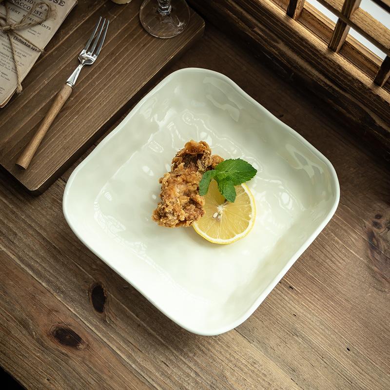 Light Luxury Cream Style Ceramic Square Plate Breakfast Plate Dumpling Plate Household Plate Simple Vegetable Plate Salad Plate