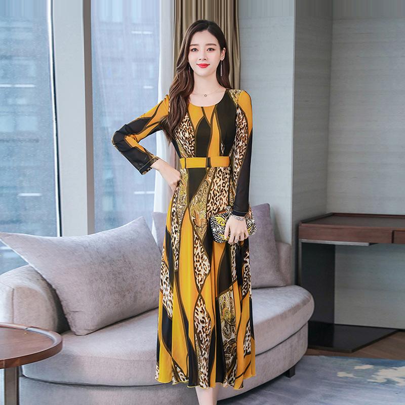 

Leopard print foreign style dress, new early autumn Korean version temperament over the knee and thin printed long skirt M жёлтый