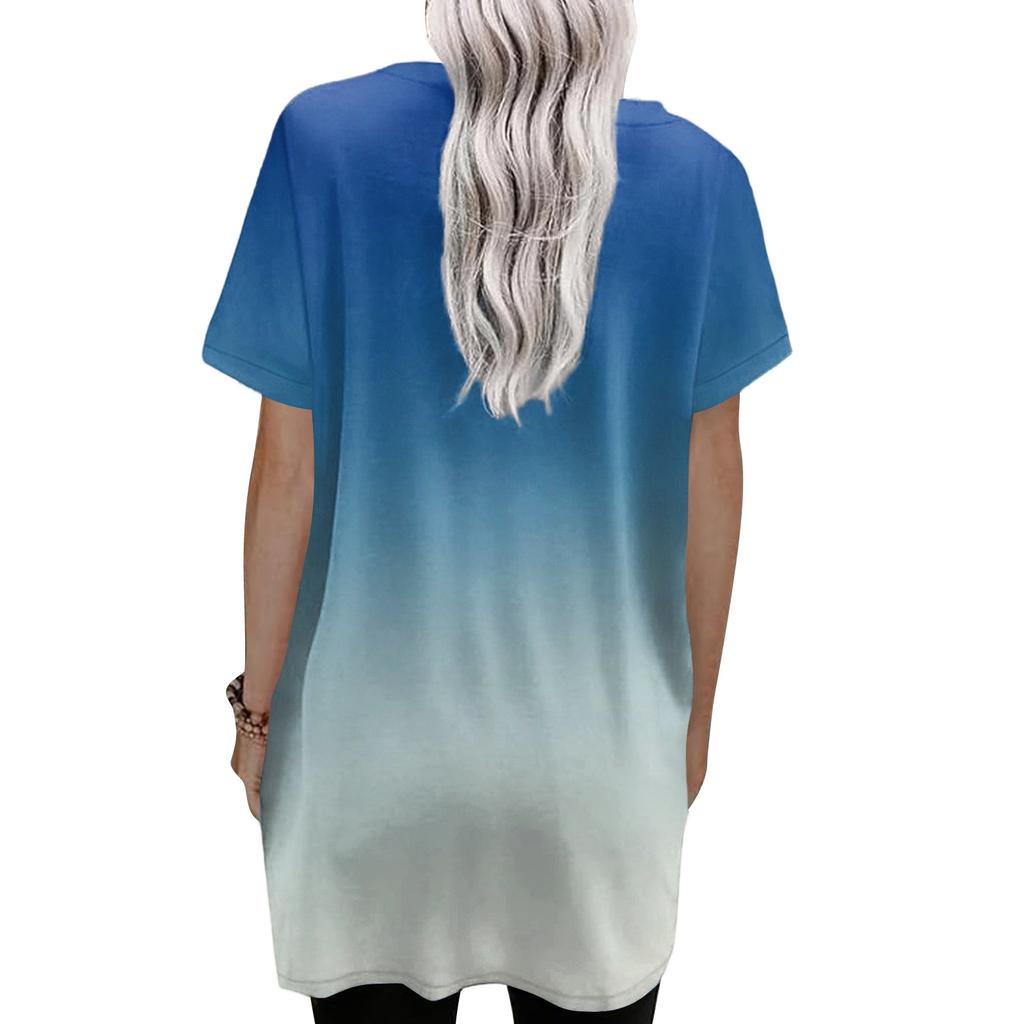 Women's V-Neck Gradient Print Short Sleeve Blouse with Pocket - Casual Pullover Top for Everyday Wear