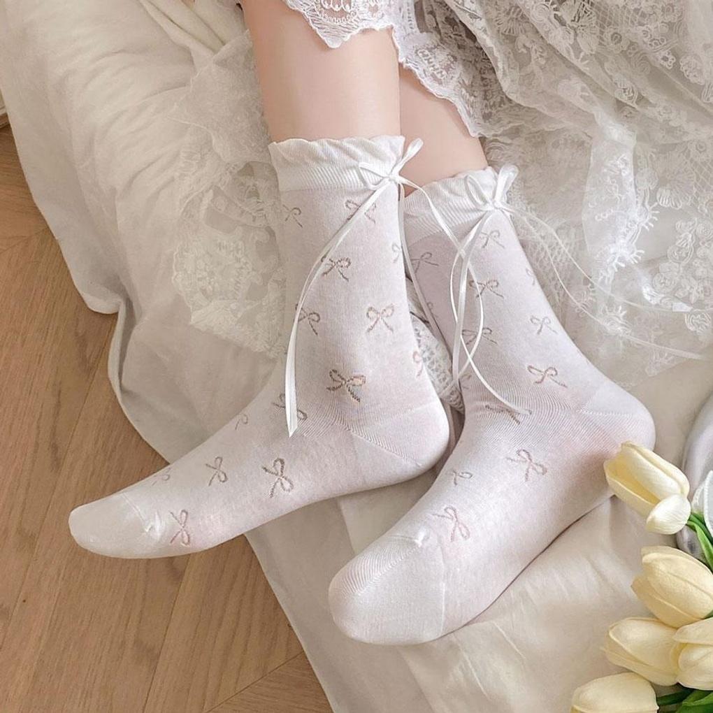 

Women s Thin Summer Ribbon Punching Ballet Core Mid-Calf Fashion Socks gray