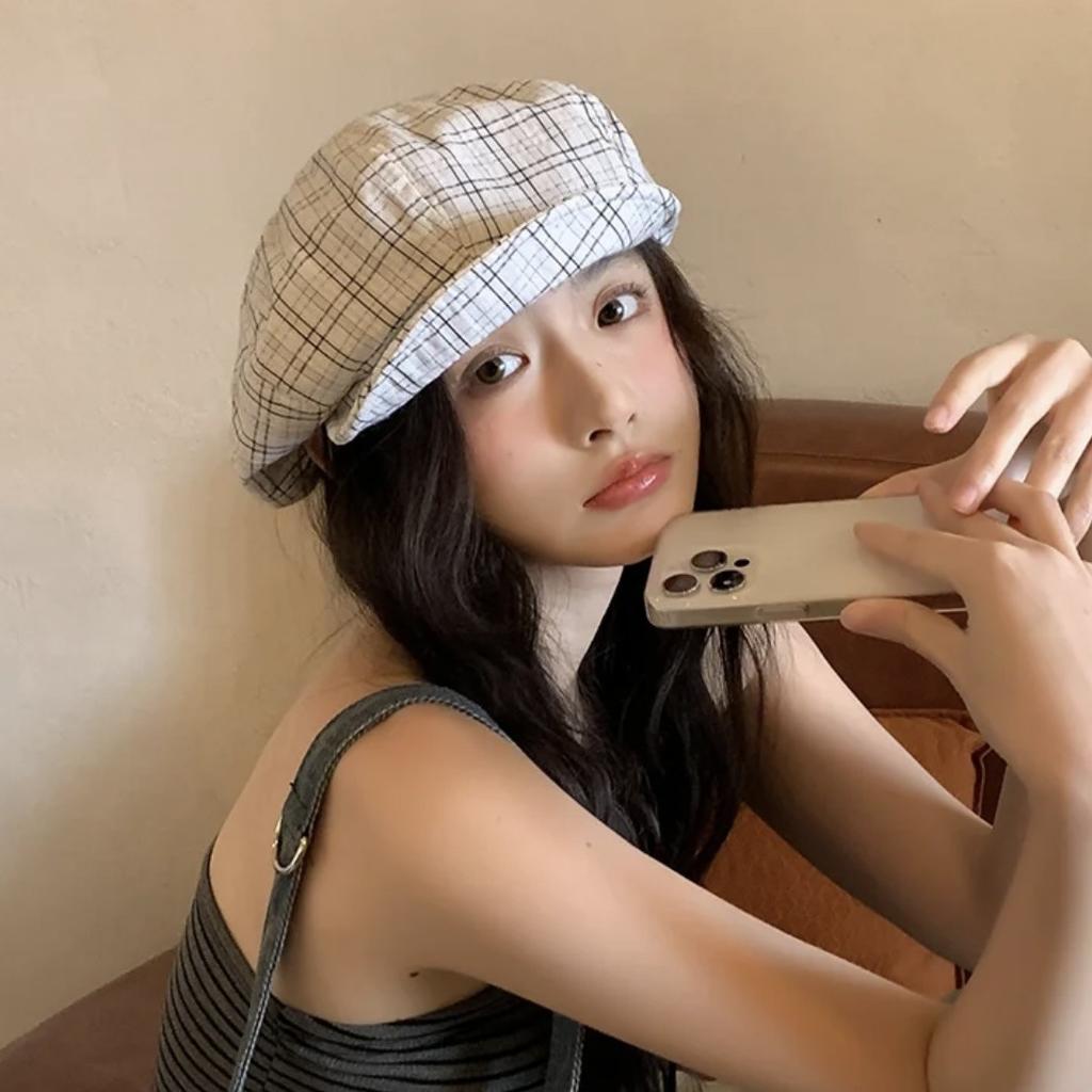 Plaid Beret Female Spring And Summer Mori Literary And Artistic Versatile Newsboy Hat Showing Face Small Octagonal Hat Painter Hat