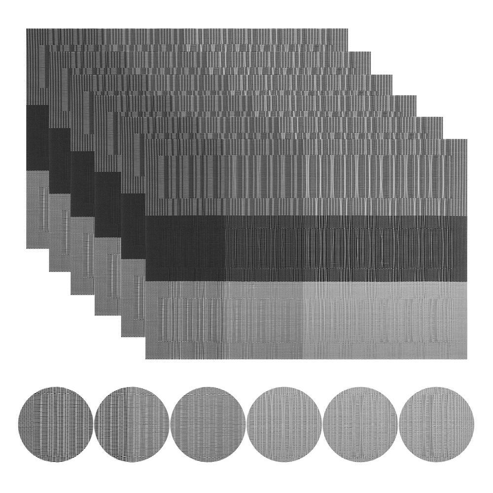 Set mit 6 Tischsets mit Untersetzern Schwarz Tischmatten Kreuzgewebt Gewebtes Vinyl Rutschfest Waschbar für Tisch Essen Küche Restaurant