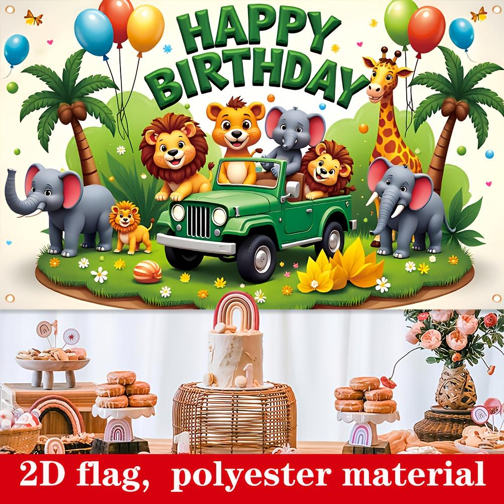 2D Flat 1pc Jungle Happy Birthday Banner - 179.83cm x 109.98cm Durable Polyester Lion Elephant Giraffe Pattern Indoor Outdoor Party Decor