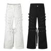 Mens Flared Denim Pants Hippie Street Style Distressed Jeans With Metal Rings Casual Trousers