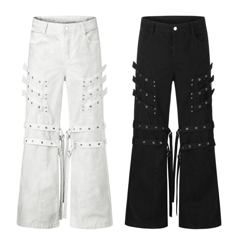 Mens Flared Denim Pants Hippie Street Style Distressed Jeans With Metal Rings Casual Trousers