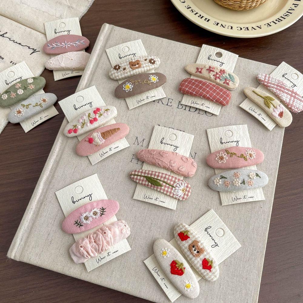 Oval Fabric Embroidery Hair Clip 2Pcs/set Children's Hair Accessories Princess