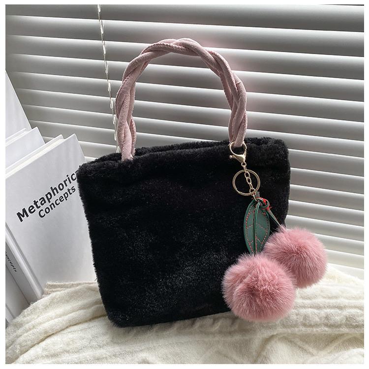 Милая стеганая сумка-ведро для женщин, модная, из полиэстера, мягкая сумка с плюшевым брелоком чёрный