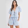 Summer and Autumn Women's Clothing Fashion Elegant V-neck Lace-up Bows Puff Sleeve Top Casual Shorts Gingham Two-piece Set
