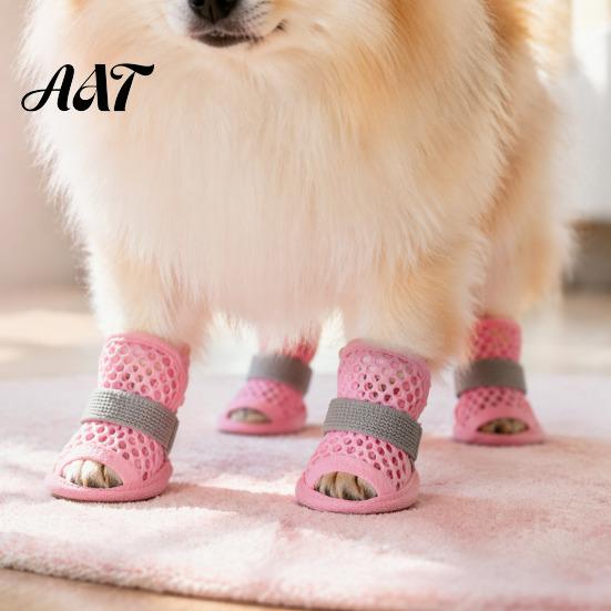 Breathable Mesh Dog Shoes 4Pcs for Hot Pavement, Boots, Summer Easy on Off Boots Paw Protectors with Non-slip Soles Small Medium Dogs Outdoor Walking