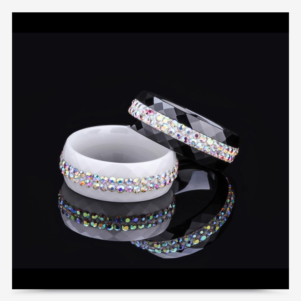 8MM Black and White Ceramic Ring with Dual Row Inlaid Diamonds for Women