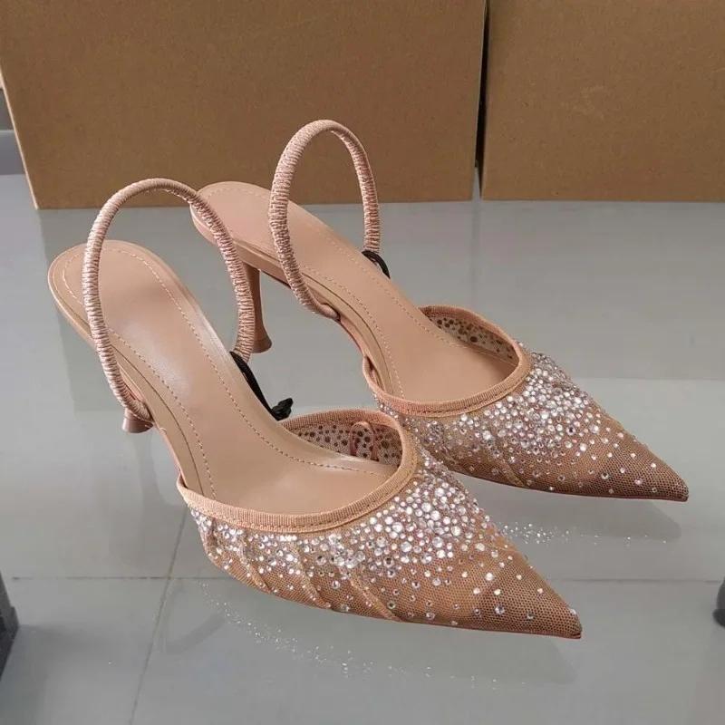 Fashion 2025 Summer New Women's Sandals Water Diamond Bright Mesh High Heels Footwear Elegant Slingback Pointed Slip on Party Lady Shoes